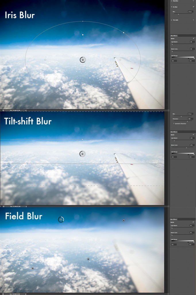 A comparison of the three types of options available in the Blur Gallery.