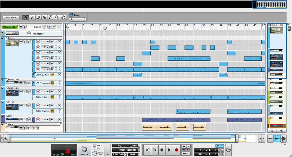 Multiple vocal takes and sequenced virtual instruments are all easily accessible on this user-friendly sequencer interface. Multiple vocal takes and sequenced virtual instruments are all easily accessible on this user-friendly sequencer interface.