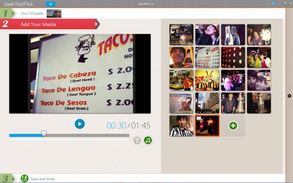 The FastFlick feature uses pre-existing video templates, and is great for slideshows. You just drop in your media.