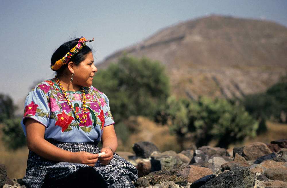 Portrait of 1992 Nobel Peace Prize winner Rigoberta Menchu in front of Pyramid of the Sun, Teotihuacan, Mexico..