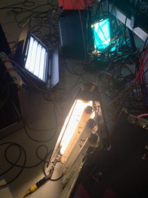 Unusually being used as practicals, in a music promo, are a 2’x4 Kino Flo (foreground, with 3200K tubes) and a Kino Flo Diva-Lite (top left, with 5500K tubes).