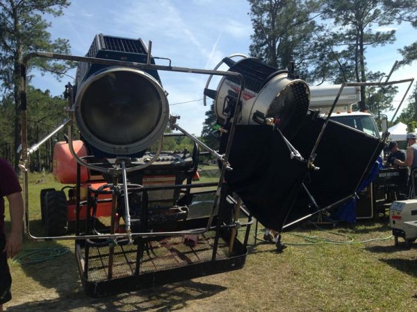 Two 18K Silver Bullet HMI fresnels rigged to a condor crane to provide moonlight for a night exterior on The Little Mermaid